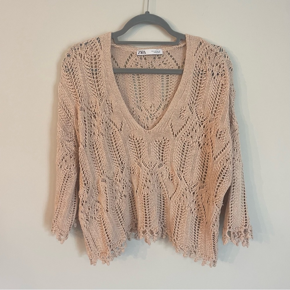 Zara Crochet Knit V-Neck Sweater Size S